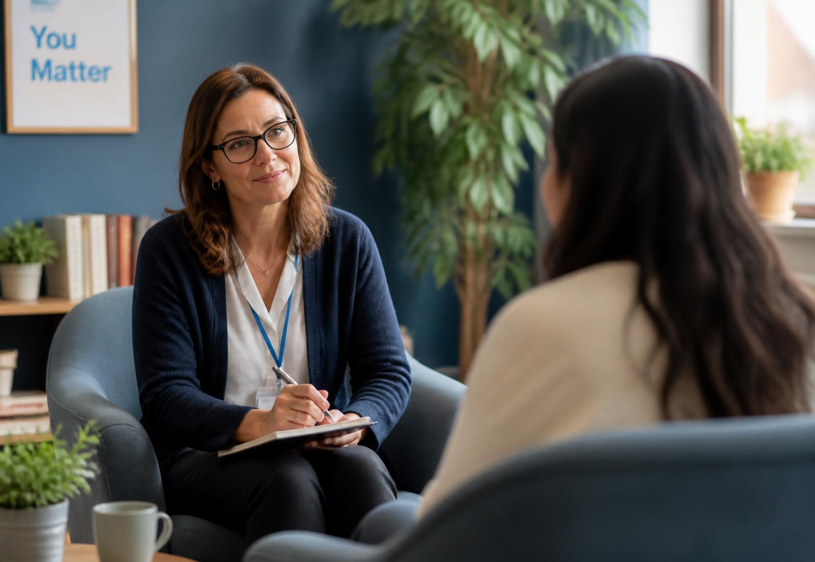 A social worker listening compassionately to a client during a counselling session